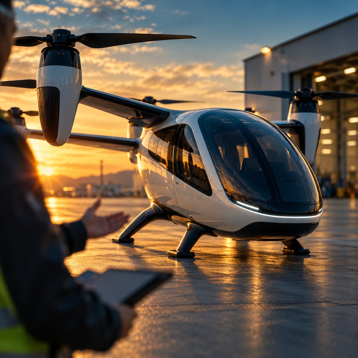 Engineer beside an eVTOL aircraft on the tarmac