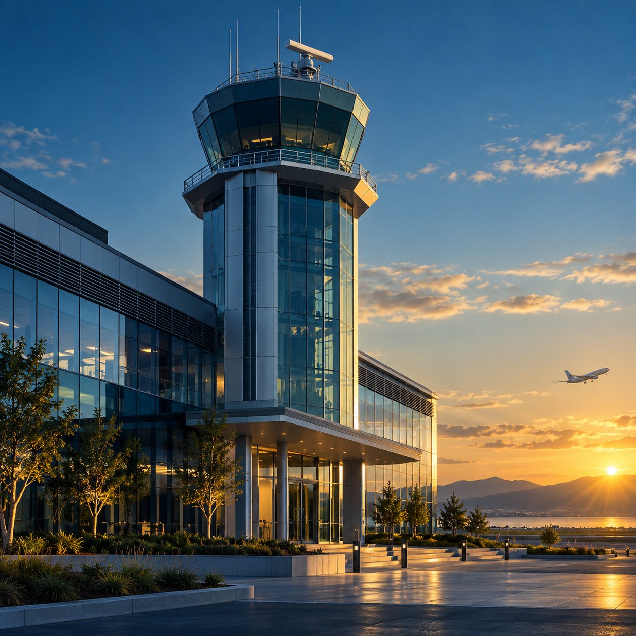 Air traffic control tower at sunrise