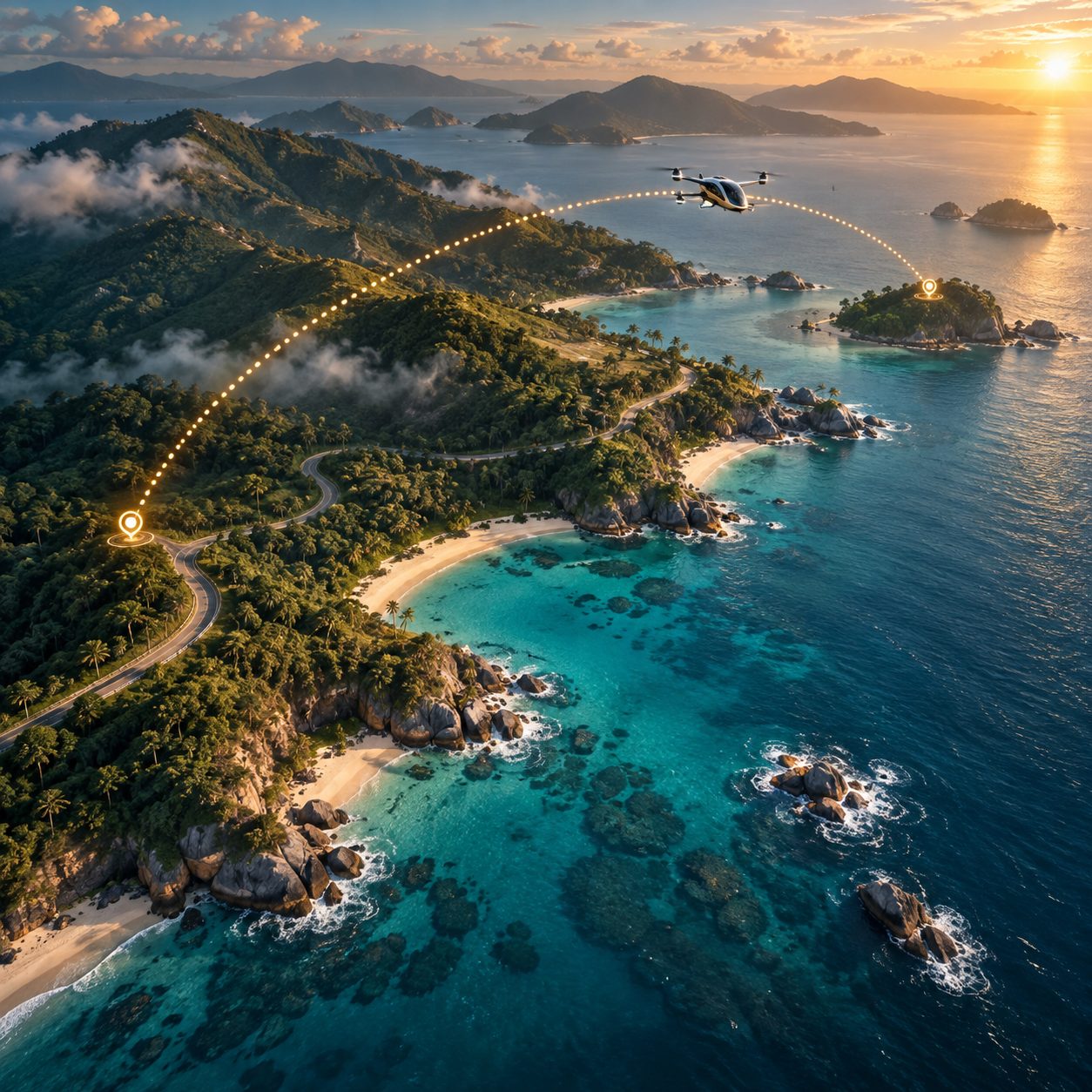 Aerial view of a candidate eVTOL route between two coastal points