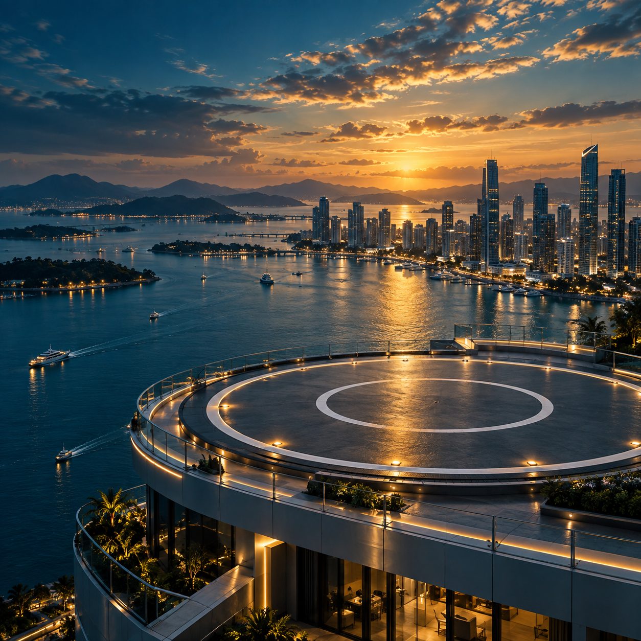 Rooftop vertiport landing pad overlooking a coastal skyline