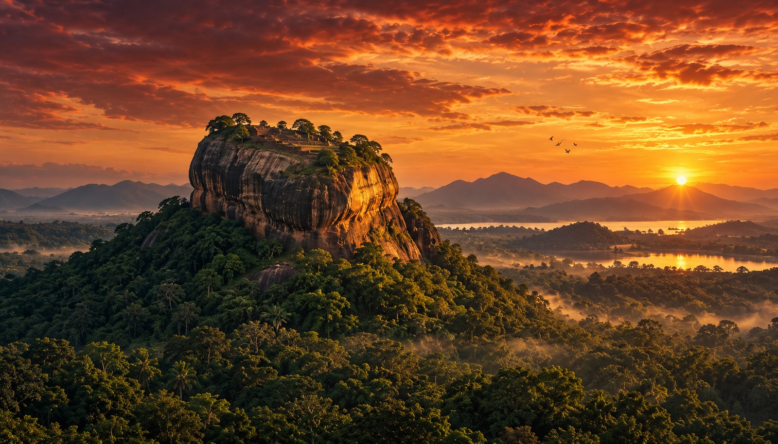 Sigiriya rock fortress at sunset